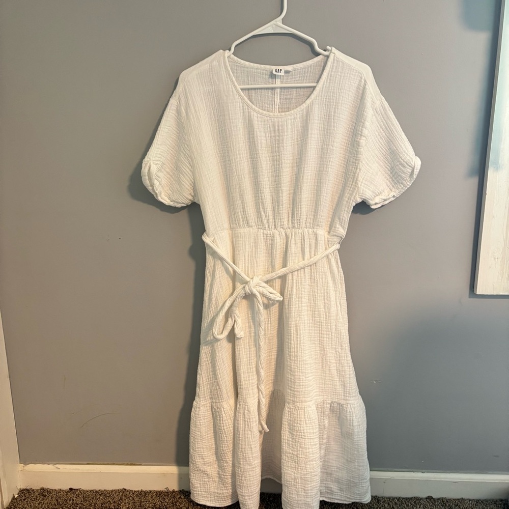 GAP White 100% Cotton Midi Dress L Short Puff Sleeve Tie Waist Round Neck
